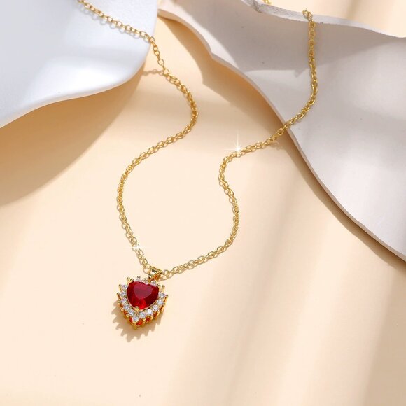 Gold Necklace with Red Heart Pendant - Picture 1 of 4